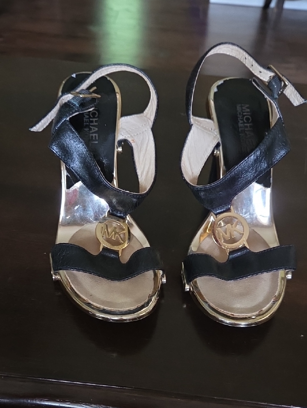 Michael Kors Black and Gold Logo T-Strap Heels